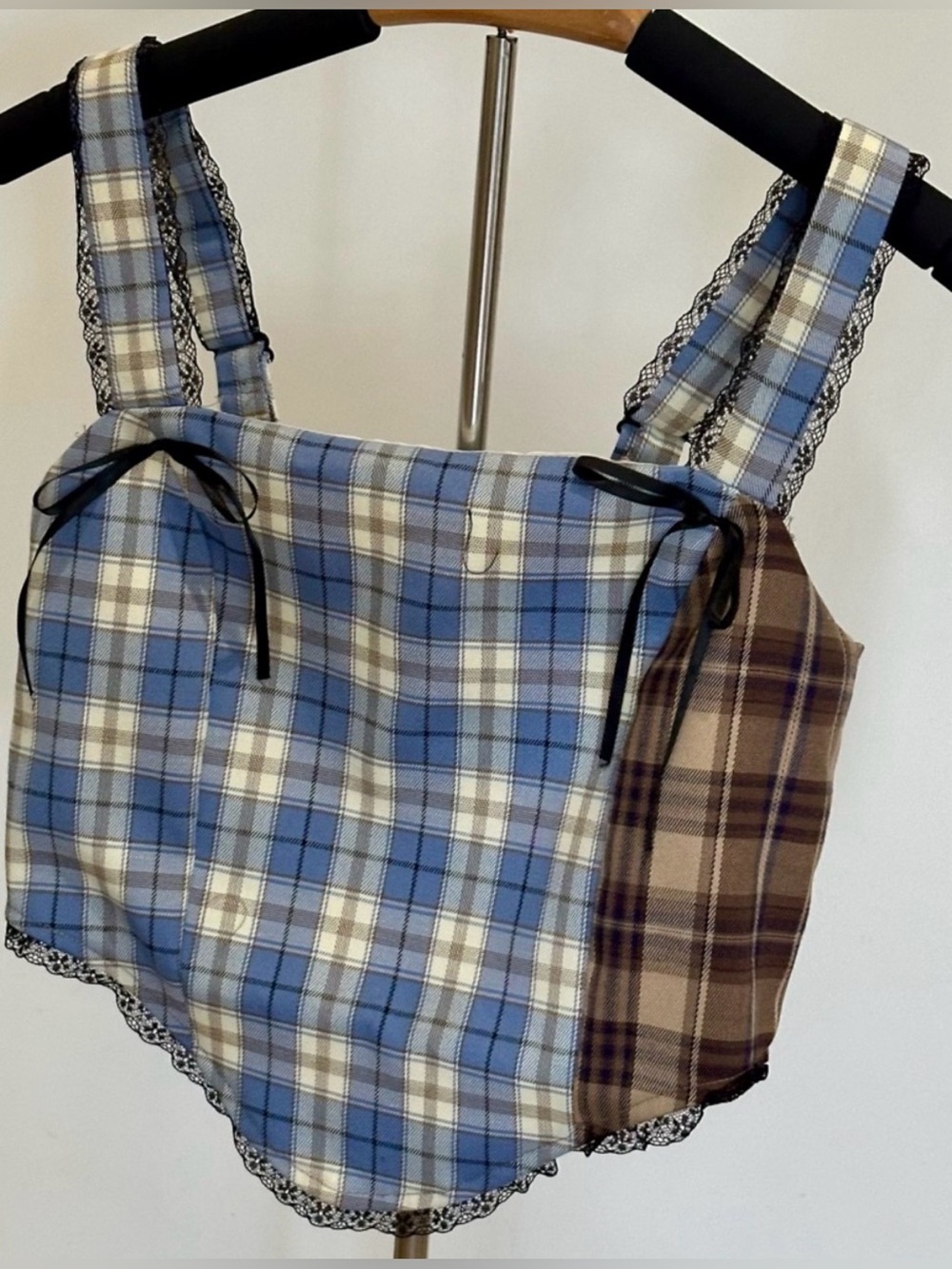 Daisy Street Blue Brown Plaid Patchwork Lace Bustier Corset Top NWT